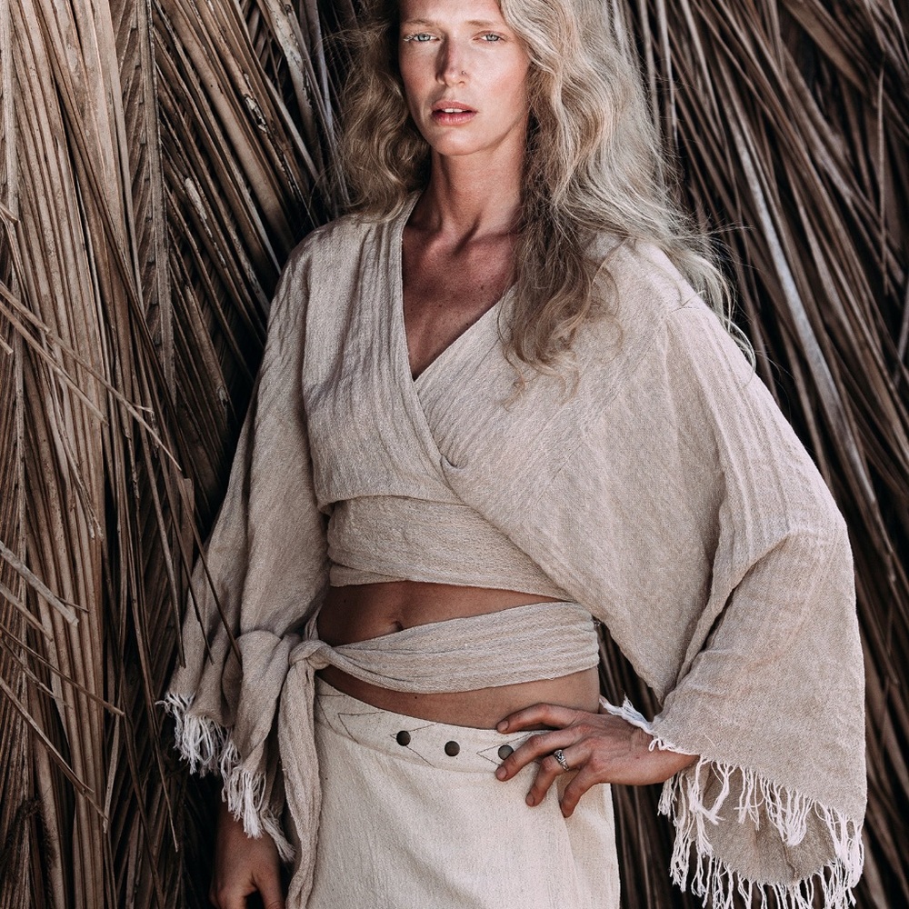 Beige Wrap Top with Fringe